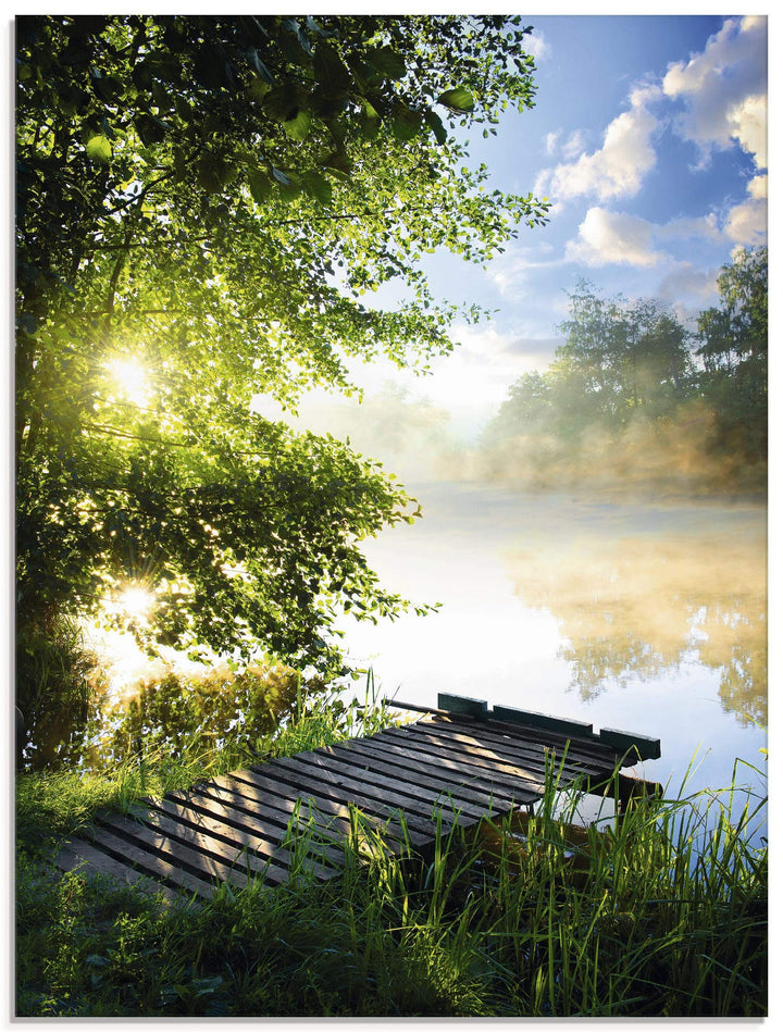 Glasbilder Wandbild Glas Bild einteilig 45x60 cm Hochformat Natur Landschaft Wald Baum See Steg Somm