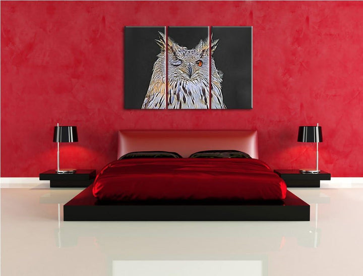 zwinkernde Waldohreule schwarz/weiss Deluxe 3-Teiler Leinwandbild 120x80 Bild auf Leinwand, XXL ries