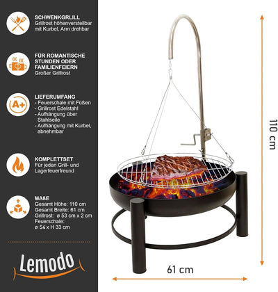 NATIV Lemodo Feuerschale mit Grillrost - Dreibein-Schwenkgrill - Dreifuss-Grill mit Kurbel zur Höhen