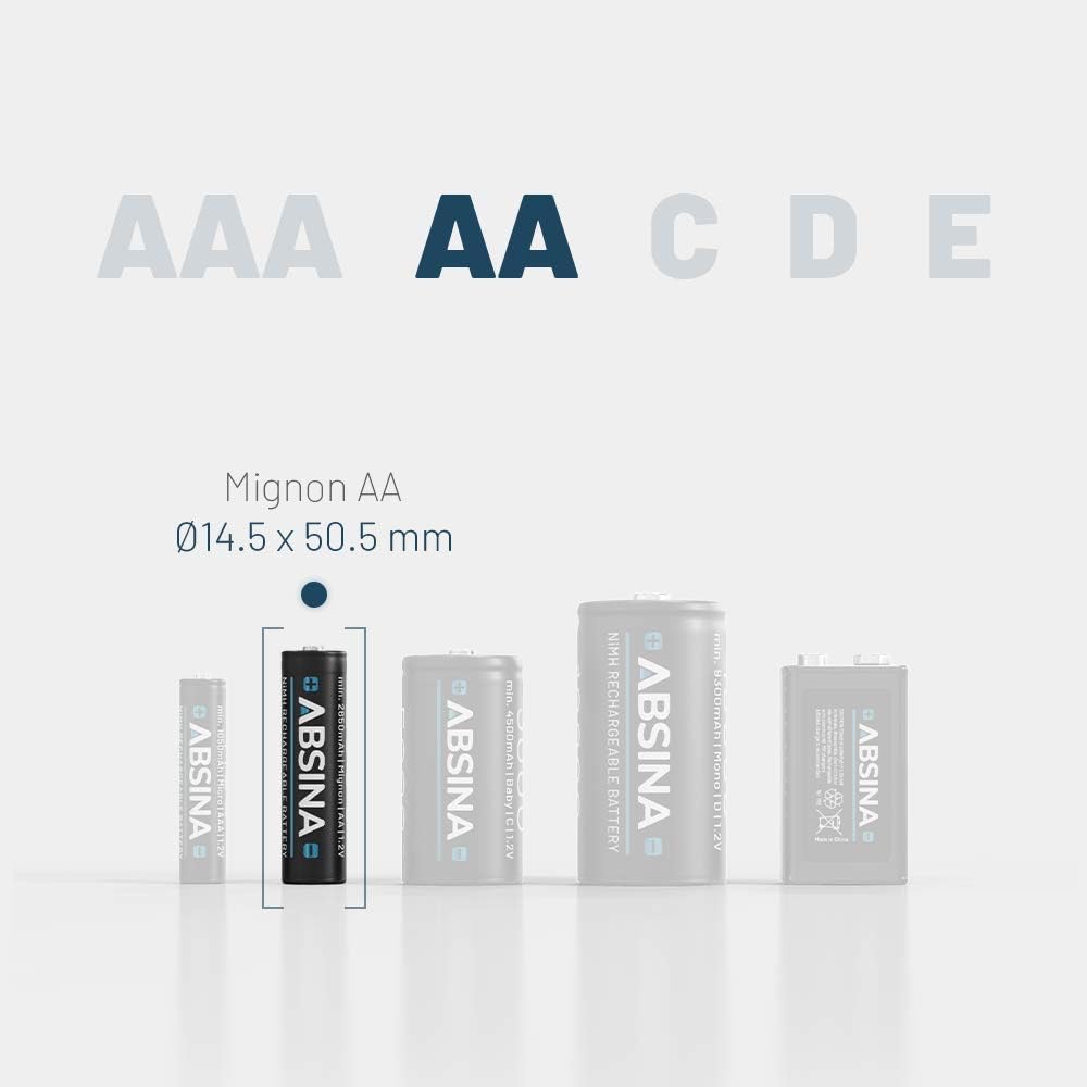 ABSINA Akku AA wiederaufladbar 2900 16er Pack - NiMH AA Akku mit 1,2V & min. 2650mAh - Aufladbare Ba