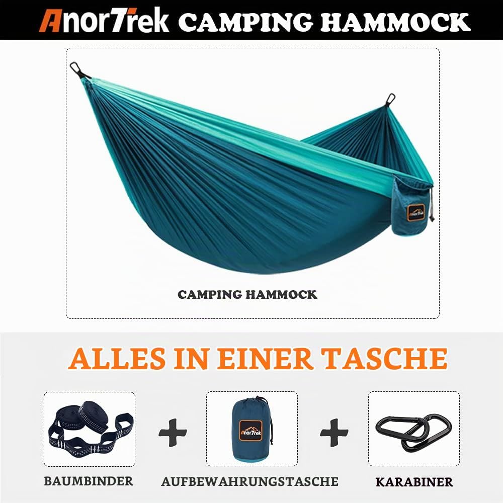 AnorTrek Camping Hängematte, superleichte tragbare Fallschirm Hängematte mit Zwei Baumgurten Einzel