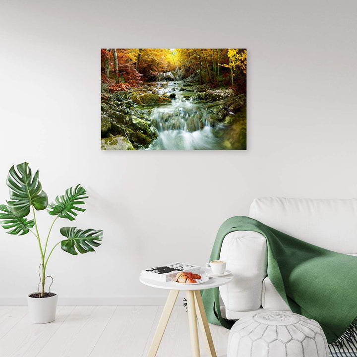 Feeby Bild auf Leinwand Bach Kunstdruck modern Wald Gelb 80x60 cm