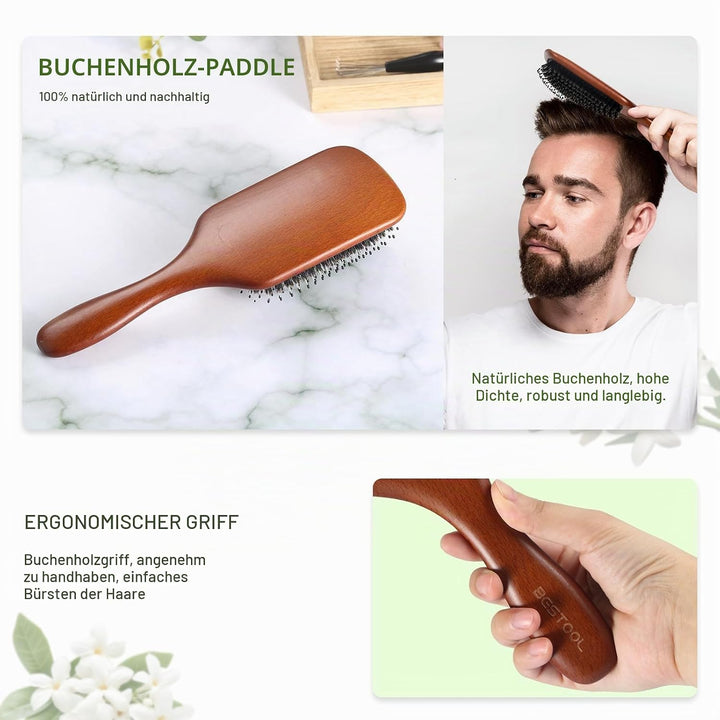 BESTOOL Haarbürste, Wildschweinborsten Bürste mit Nylonstiften für Damen Herren Kinder, Grosse Paddl