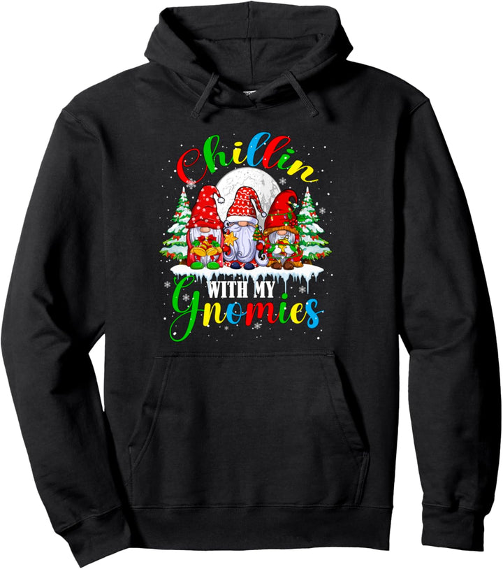 Chillin With My Gnomies Christmas Three Colorful Gnomes Pullover Hoodie