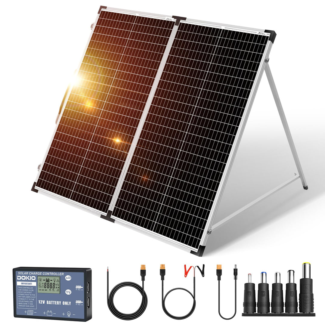DOKIO Solarkoffer 160W 18V Monokristalline Solarpanel Faltbar mit Solarladeregler (LCD Anzeige + 2 U