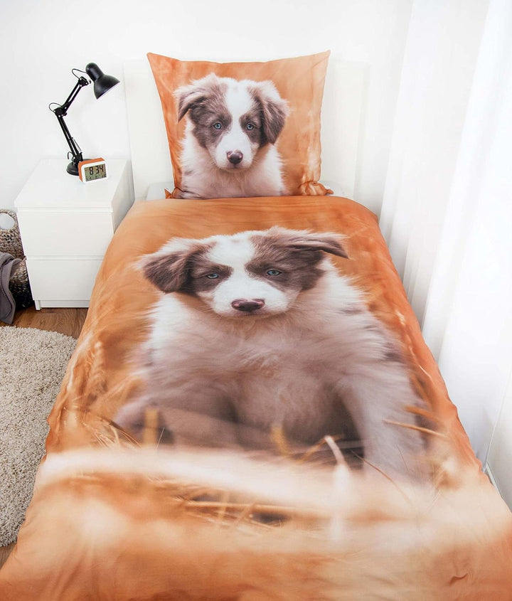 Klaus Herding GmbH Bettwäsche Set mit Hund Welpe135 x 200 cm 80 x 80 cm 100% Baumwolle