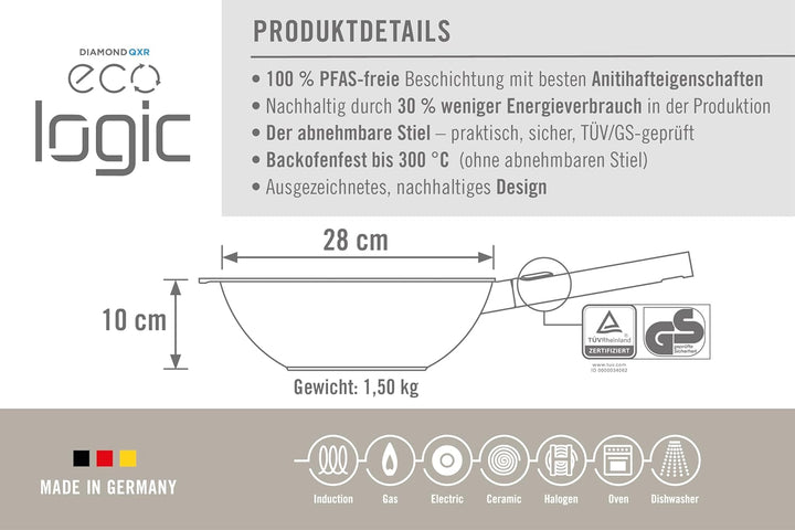 Woll Eco Logic QXR Wok- und Rührpfanne und Rührpfanne - Induktiv -, Ø 28 cm, 10 cm hoch, mit abnehmb
