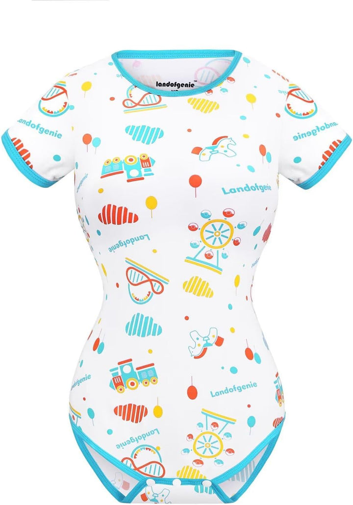 Landofgenie Damen Bodysuit Baumwolle Onesie Nette Print Pyjamas Nachtwäsche Blau Vergnügungspark Bla