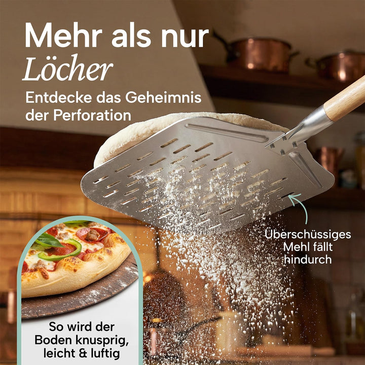 Blumtal Pizzaschieber perforiert 30,5x30,5 cm Fläche + Holzgriff 46,5 cm - Pizzaschaufel perforiert