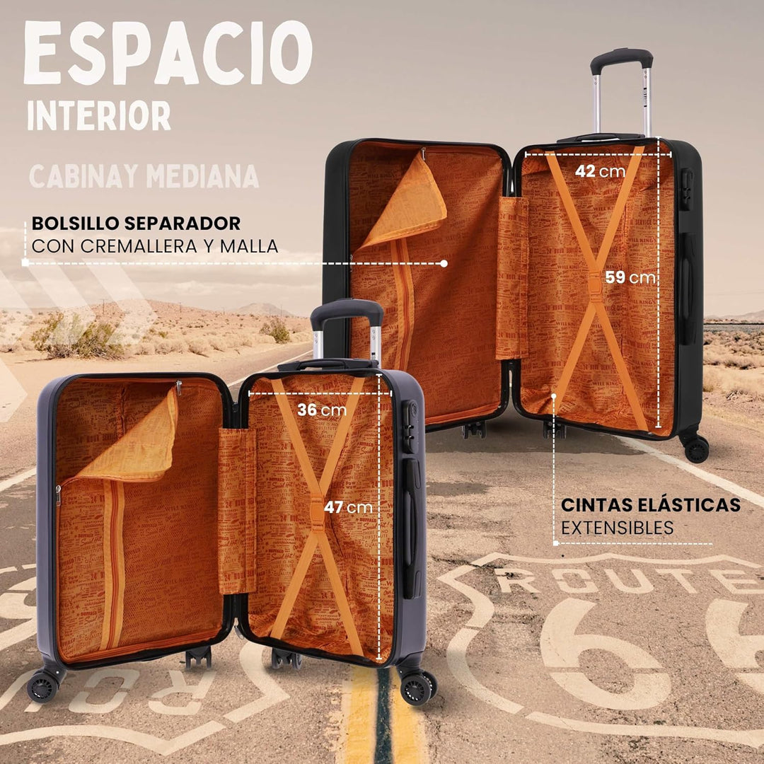 Route 66 Koffer - Handgepäck Koffer 55x40x20 -Reisekoffer mit 4 Rollen 360º leicht- Hartschalenkoffe