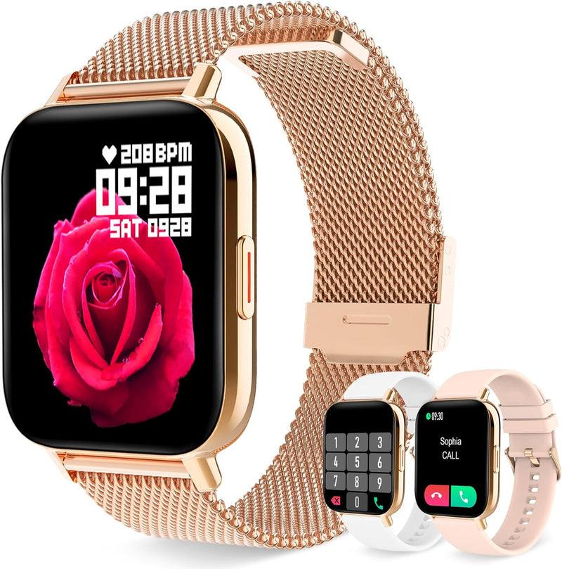 Smartwatch Damen mit Telefonfunktion, 1.69" Fitnessuhr Damen Herzfrequenz, Schlafmonitor, SpO2, Schr