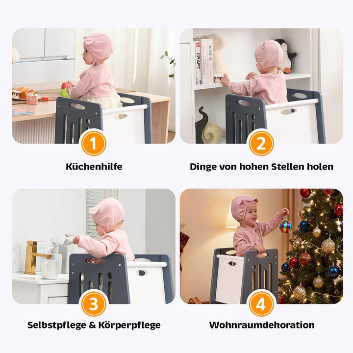 Kleinkind Tritthocker Kinderhocker, Toddler Tower & Lernhocker mit Sicherheitsbarriere, Kippschutz u