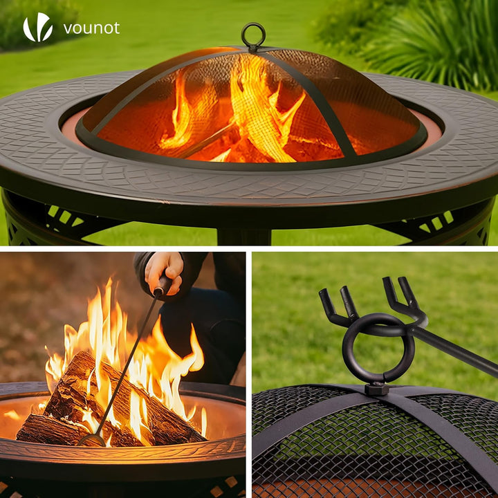 VOUNOT® Feuerschale Ø 81 cm mit Funkenschutz und Schürhaken Metall Feuerkorb Feuerstelle für den Gar