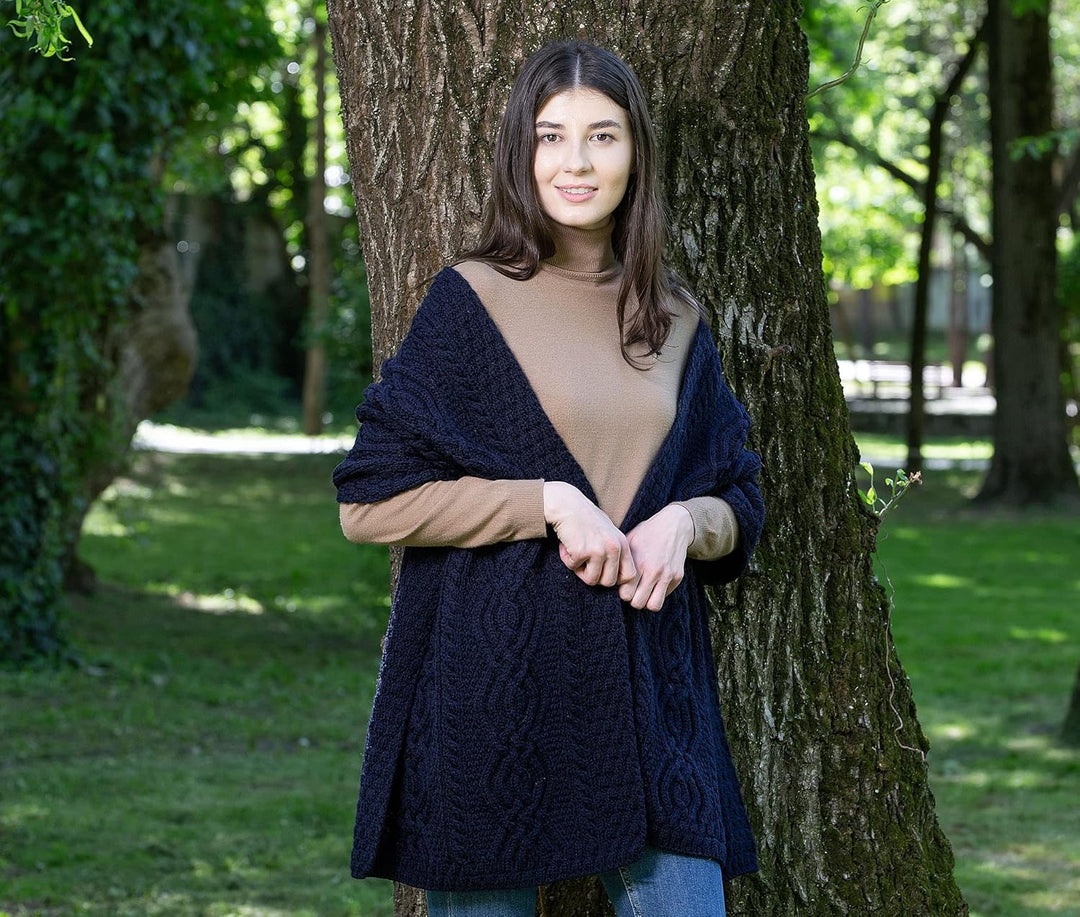 SAOL 100% Merinowolle Klassische Warme Irische Aran Cable Wickeln Schal für Damen Marine, Marine