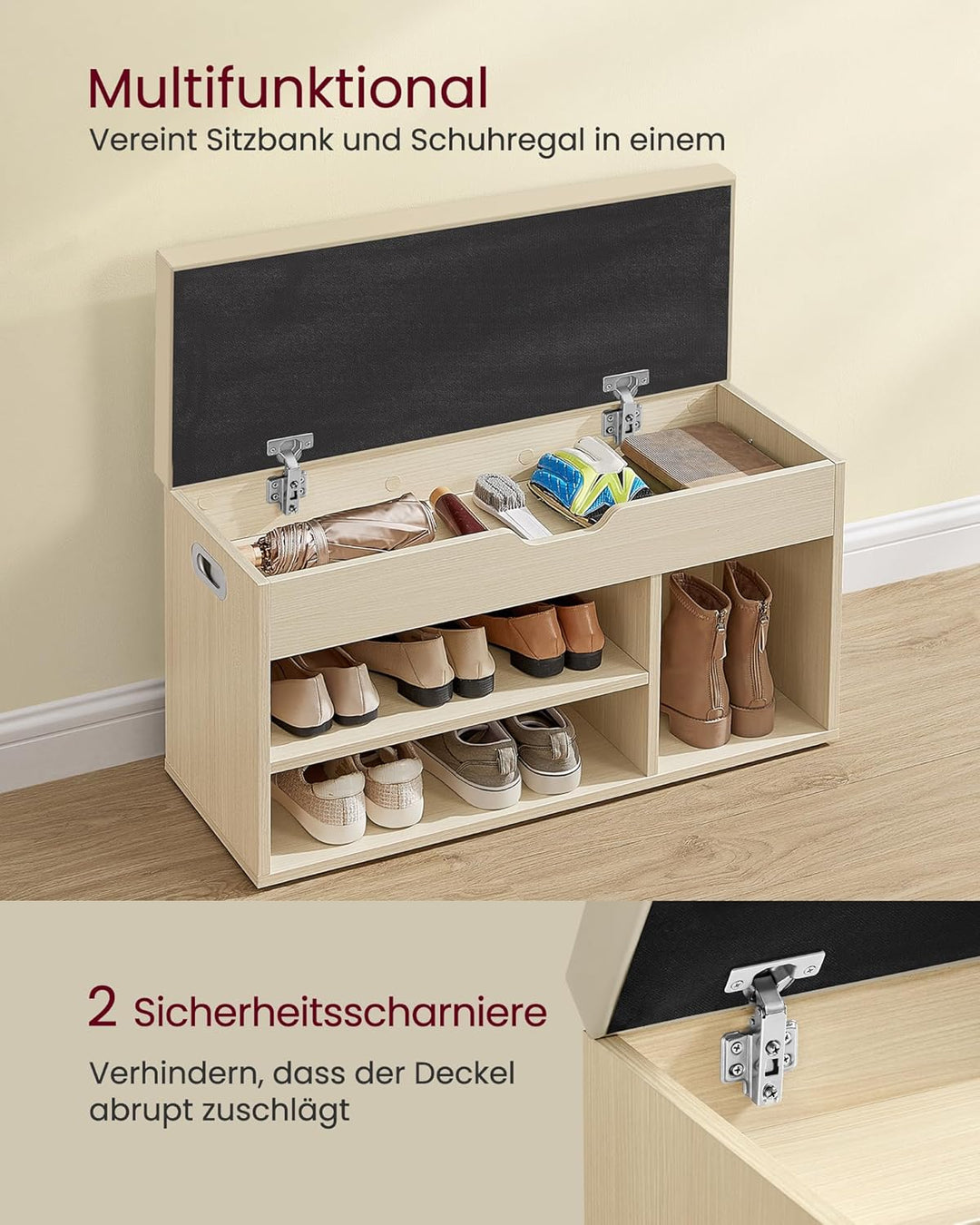 VASAGLE Schuhbank mit Sitzfläche, Sitzbank mit Stauraum, gepolstert, Fach unter Sitzkissen, Schuhreg