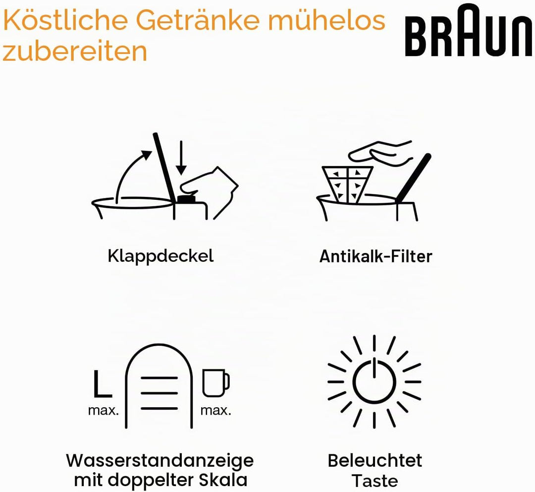 Braun PurShine Wasserkocher WK1500 BK – Teekocher mit 360° Basis, Abschaltautomatik, 1,7 L Füllmenge