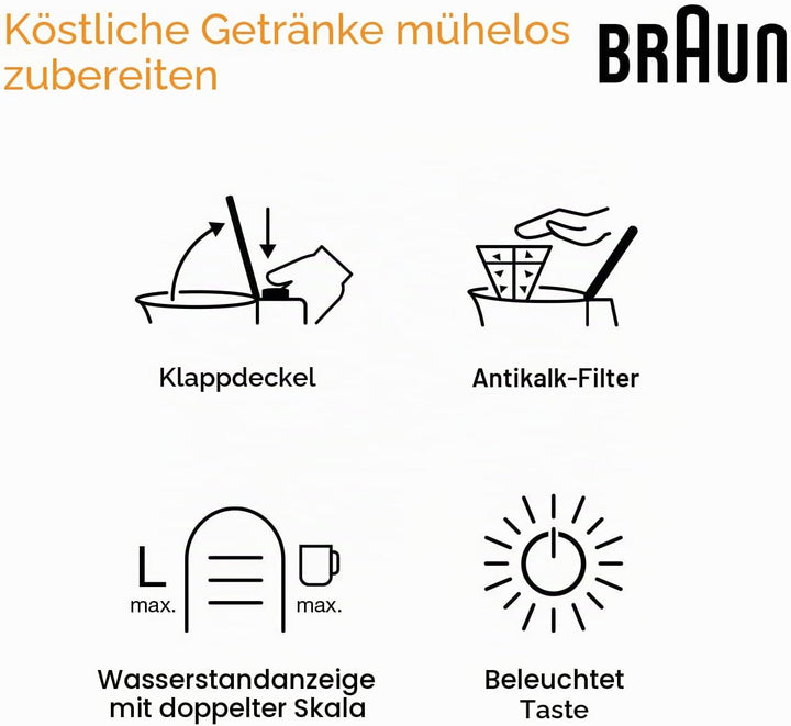Braun PurShine Wasserkocher WK1500 BK – Teekocher mit 360° Basis, Abschaltautomatik, 1,7 L Füllmenge
