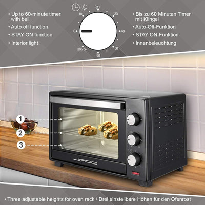 Jago® Minibackofen mit Umluft - 30/48/60L, 1600/2000W, 100 bis 230°C, Timer (0-60 Min), mit Drahtgit