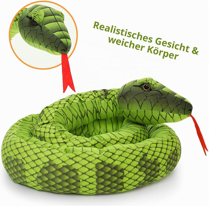 MorisMos Riesen Schlange Kuscheltier XXL,200cm lang Grün Kuschelschlange mit 3 Baby im Bauch, Gross