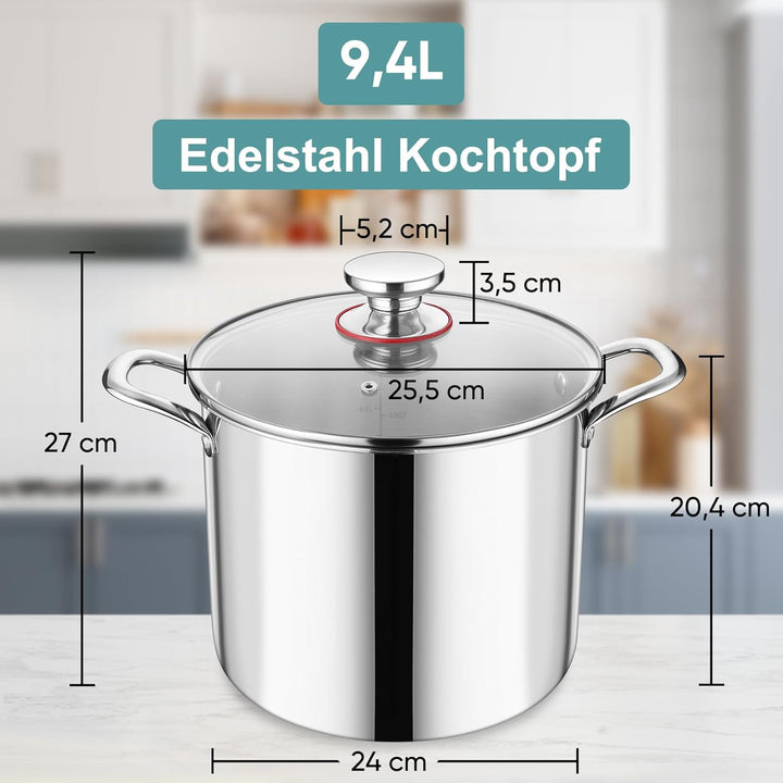 Kochtopf Gross 9,4 L, Onader 3-Lagen Edeastahl Topf Induktion, Kochtöpfe Nudeltopf Suppentopf mit Gl