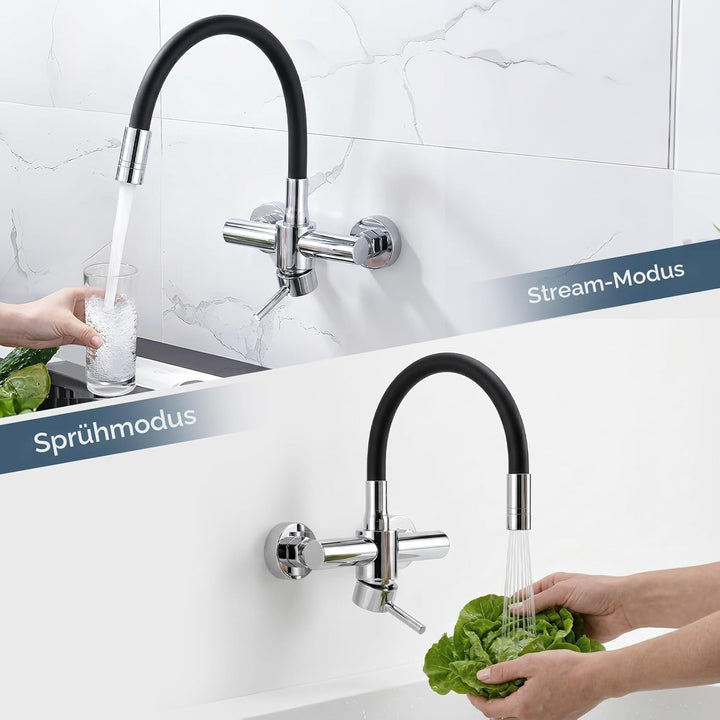 HURRAN Wasserhahn Wandmontage, 360° Schwenkbare Küchenarmatur mit Silikonschlauch, Einhebelmischer a