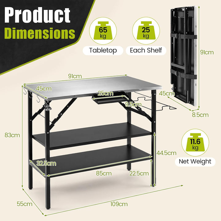 COSTWAY Grilltisch Outdoor Klappbar, Campingtisch, Klapptisch 2 Ablagen, 2 Ablagen