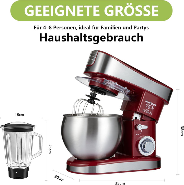 Küchenmaschine, 6 L Knetmaschine 1200W, 6 Geschwindigkeits Küchenmaschine, Teigmaschine mit Rührhake