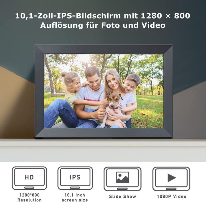 Aorpdd Digitaler Bilderrahmen WLAN 10.1 Zoll, HD IPS-Touchscreen Elektronischer Bilderrahmen mit 32