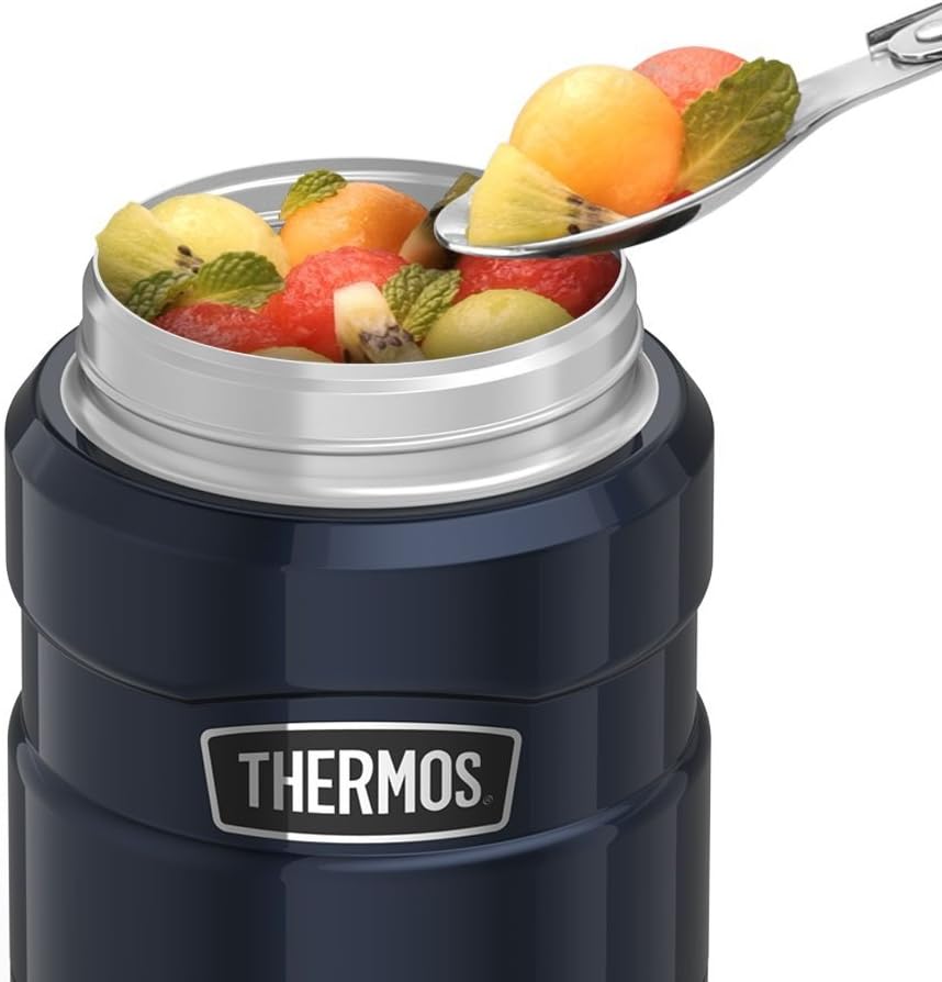 THERMOS Stainless King Vakuumisoliertes Lebensmittelglas mit Löffel, 473 ml, Mitternachtsblau Rot/Au