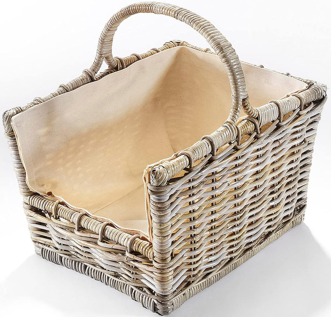 Kobolo Kaminholzkorb Holztrage Holzkorb für Kaminholz Rattan grau mit abnehmbarem, 50x38x33