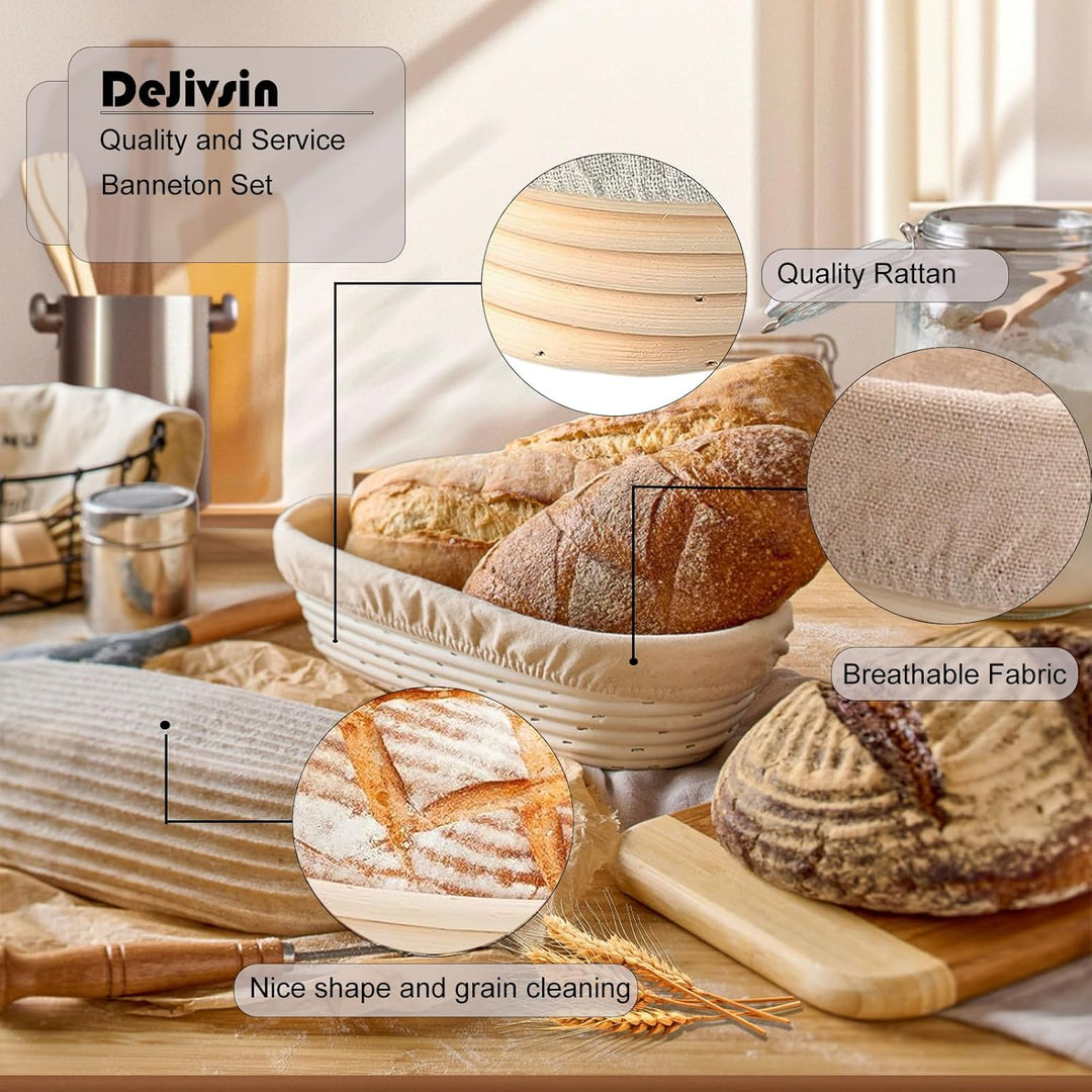 Gärkorb Oval 28cm Set, Gärkörbchen oval, Banneton Proof Basket Korb Set, Natürliches Rattan, Stoffei