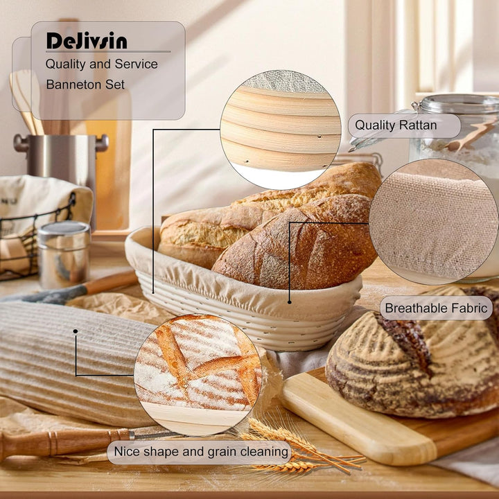 Gärkorb Oval 28cm Set, Gärkörbchen oval, Banneton Proof Basket Korb Set, Natürliches Rattan, Stoffei