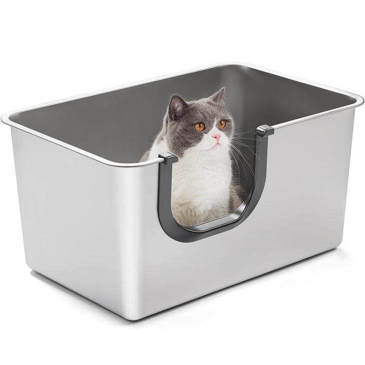 Yangbaga Edelstahl Katzentoilette Katzenklo offen in 60*40*30cm mit Eingang, Robuste Katzentoilette