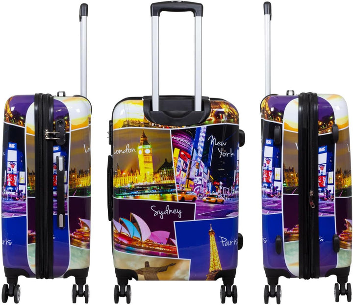 Hartschalen Koffer Trolley mit hochwertigem Motiv Print Five Cities mit Dehnfalte, Grösse XL