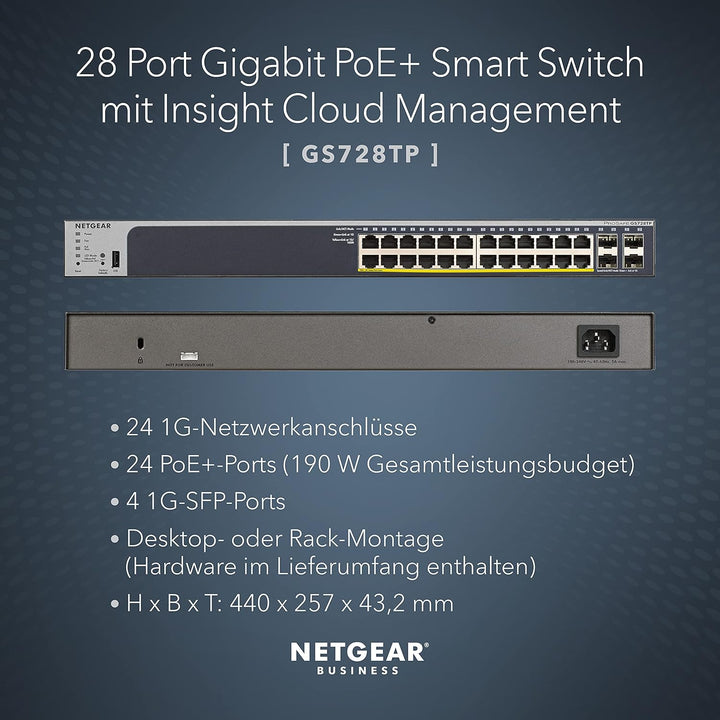 NETGEAR GS728TP 28 Port Gigabit Ethernet LAN PoE Switch Smart (Netzwerk Switch Managed mit 24x PoE+