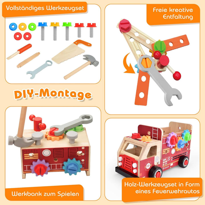 Werkzeugkoffer Kinder Werkbank, 2 in 1 Feuerwehrfahrzeug aus Holz und Werkzeug Kinder, Montessori Ho