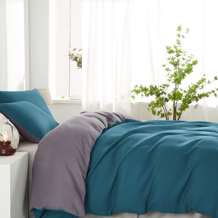 Boqingzhu Bettwäsche 155×220cm Petrol Blau und Grau Anthrazit Uni Wende Bettwäsche Set Microfaser De