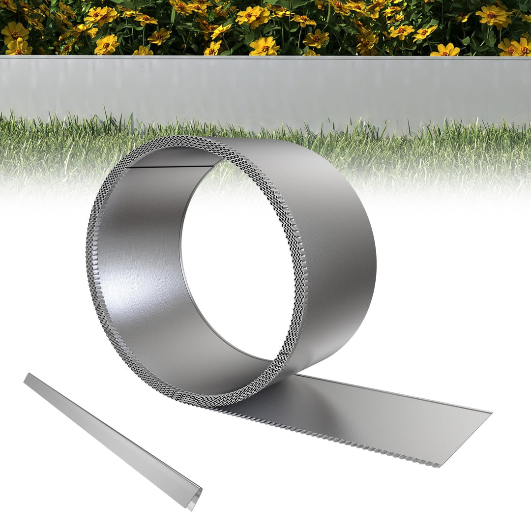 XMTECH Rasenkante Metall 10m Beeteinfassung verzinkt Gartenkante Silber | Flexible Metall Rasenkante