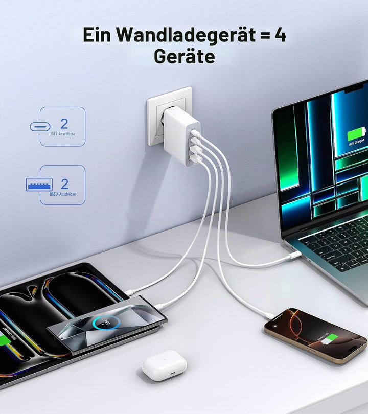 100W 6-Port Adapter Mehrfach Ladegerät mit USB-C und USB-A, Schnellladegerät PD 3.0 Charger Power Ne