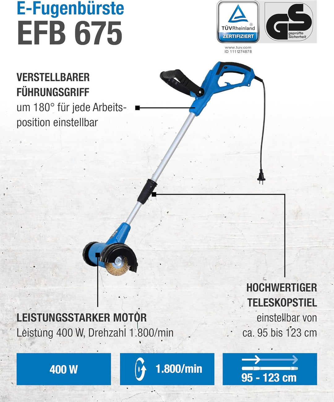 CFH E-Fugenbürste EFB 675 - Fugenbürste elektrisch 230 V 400 W 1.800 U/min, Unkraut Entferner Gerät