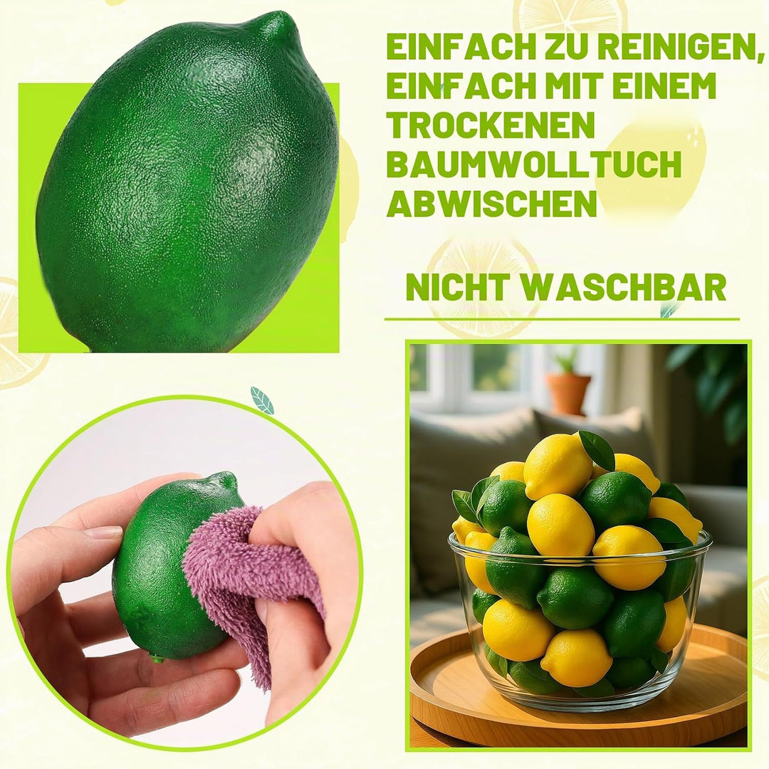 48 Pcs Fake Zitronen deko Künstliche Früchte Lemon mit Blättern, Faux gelbe Zitronen Dekor Realistis
