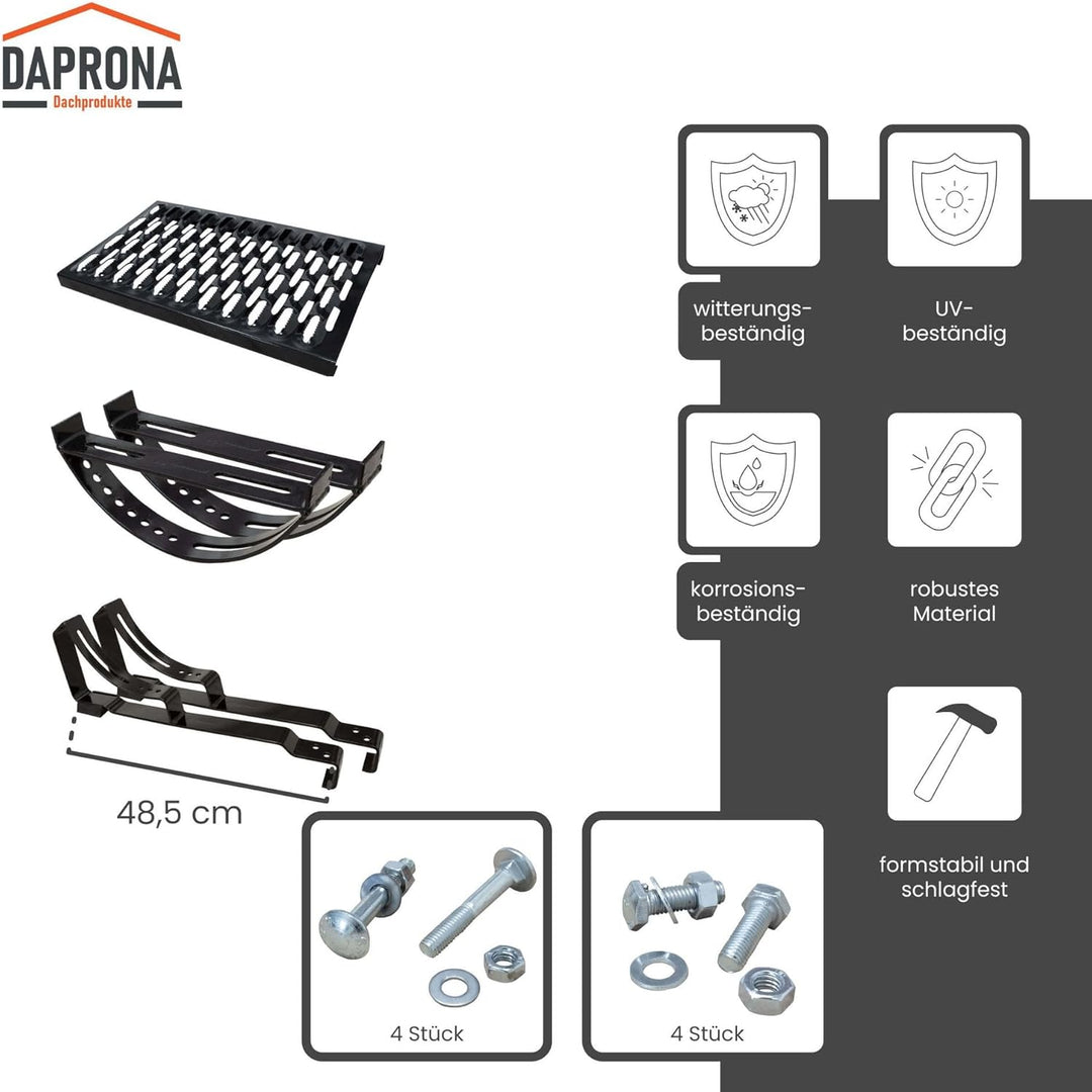 DAPRONA Laufrost Set für gewellte Dachziegel, Dachtritte für Schornsteinfeger Schwarz 40cm, inkl. Mo