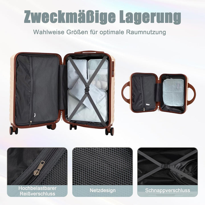 Hartschalen-Koffer Trolley Handgepäck Rollkoffer, Reisekoffer Set mit 4 Rollen, 2er Gepäckset Beige+