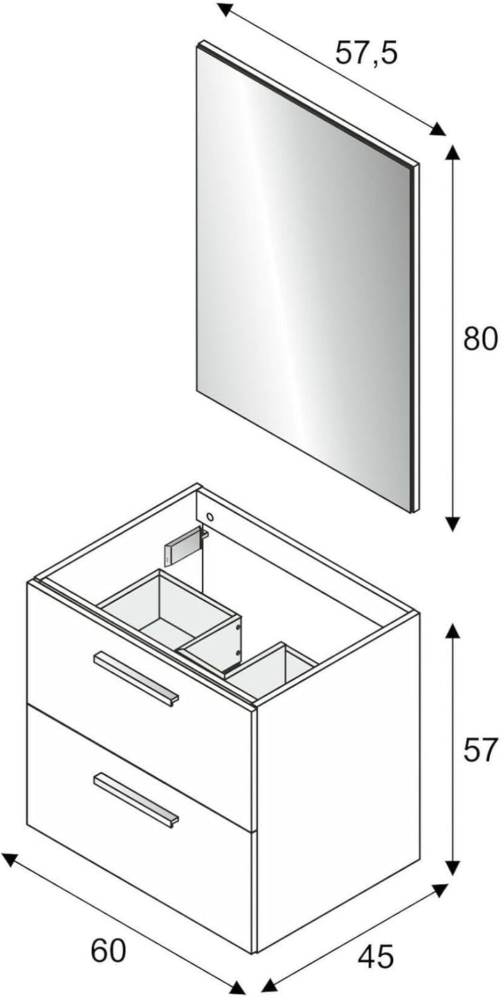 Dmora - Unter dem Waschtisch Fontana, Badezimmerschrank mit 2 Schubladen, Hängeschrank mit Spiegel,