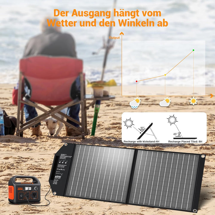 Mesuvida 60W Solarpanel Faltbar mit 5 Anschlüssen, 18V MC4 höhere Leistung / 12 V DC/QC 3.0 USB-A un