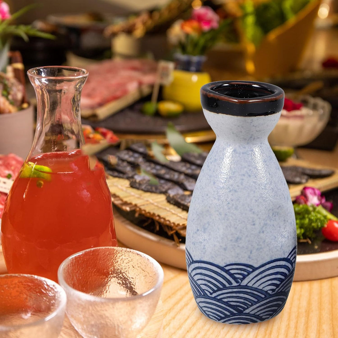 HEMOTON Keramik Sake Set Japanische Sake Flasche Und Vier Ochoko Tassen Glasiert Sea Ripple Sake für