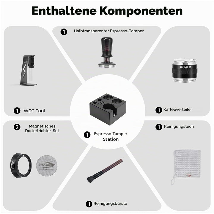IKAPE 53 mm Espresso-Werkzeugset, schwarz, 8-in-1: Kaffeetamper, Verteiler, Magnettrichter, Kaffeepu