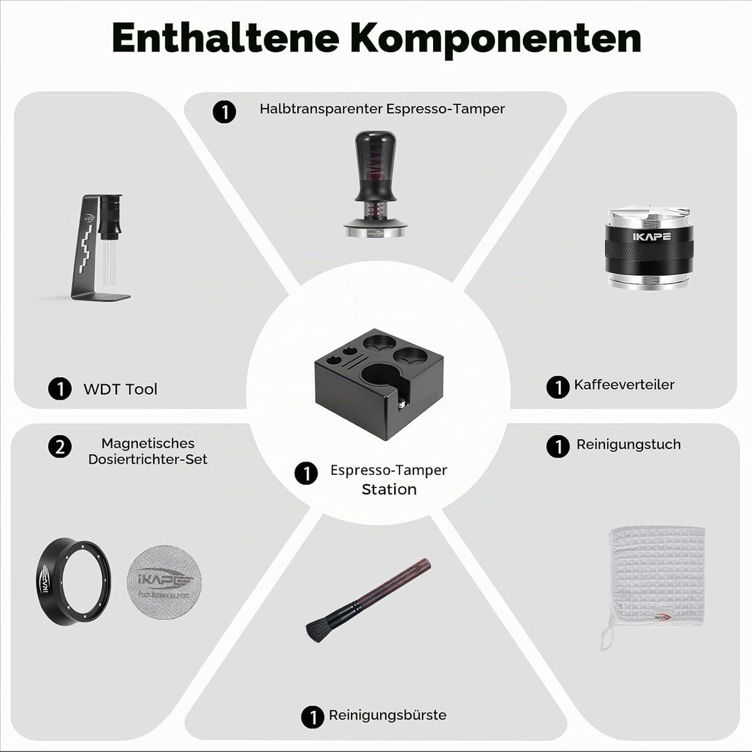 IKAPE 51 mm Espresso-Werkzeugset, schwarz, 8-in-1: Kaffeetamper, Verteiler, Magnettrichter, Pucksieb