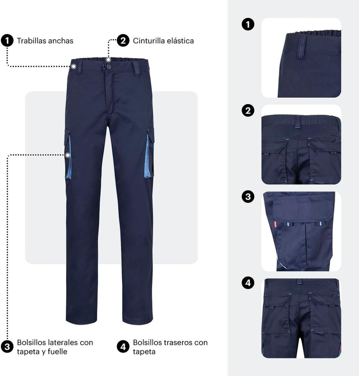 Velilla Unisex Stretch Mehreren Taschen Farbe Navy-Blau und Orange Grösse 46 Hose für professionelle