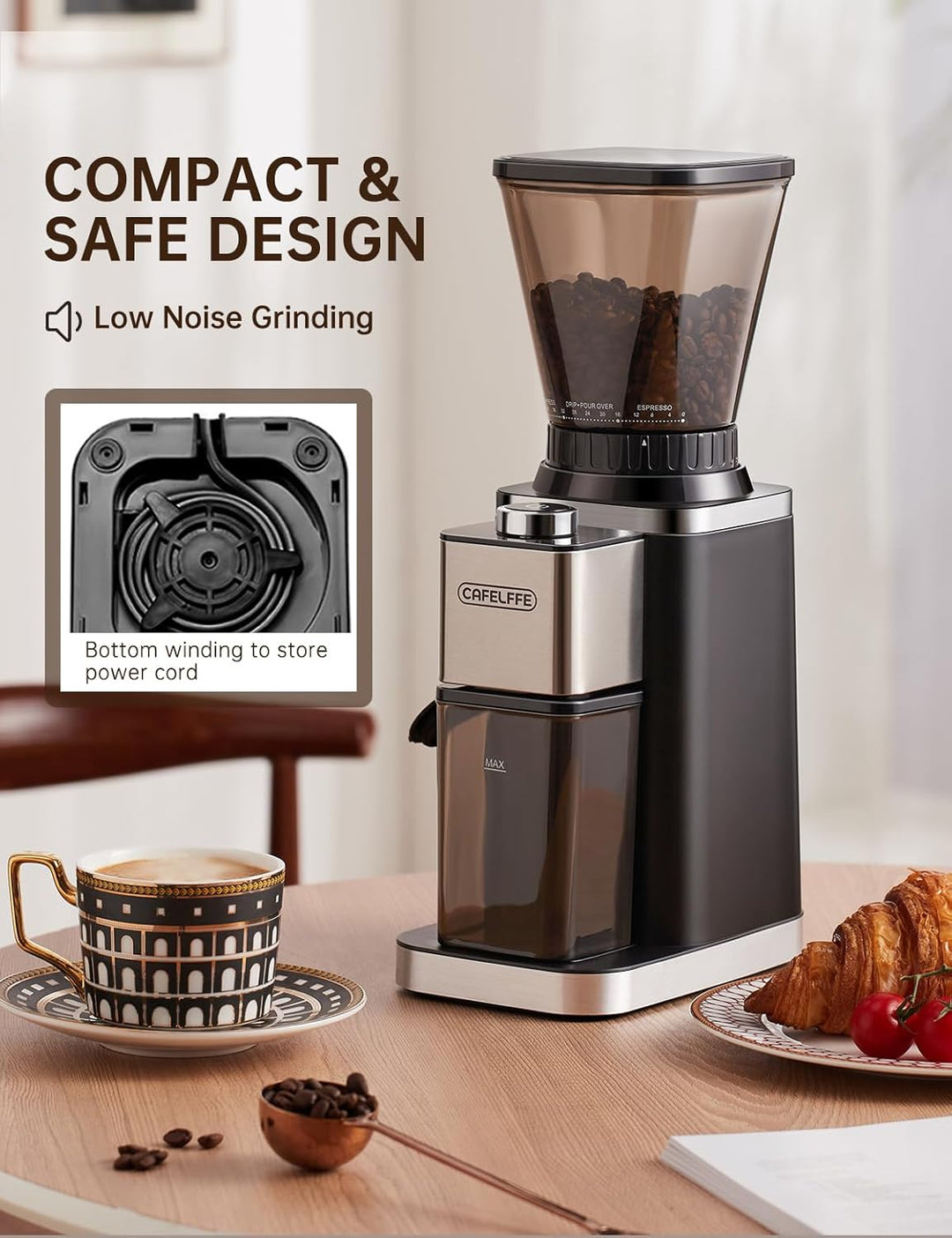 CAFELFFE Elektrische Kaffeemühle für Siebträger und Behälter, 48 einstellbare Mahlstufen mit Antista